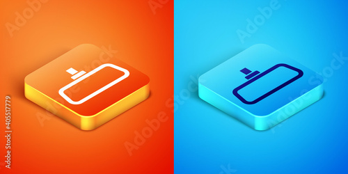 Isometric Car mirror icon isolated on orange and blue background. Vector.