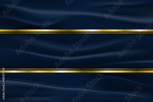 Luxury line golden border on fabric crumple with dark blue stripe background. Vector illustration