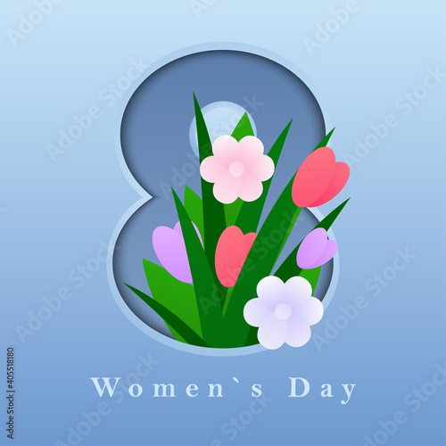 Vector greeting card for March 8th with 3d cut paper effect. International Women's Day. A bouquet of flowers that climbs out from under the blue background. Can be used on brochures and banners.