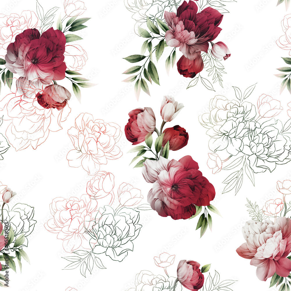 Seamless floral pattern with peony flowers on summer background, watercolor illustration. Template design for textiles, interior, clothes, wallpaper