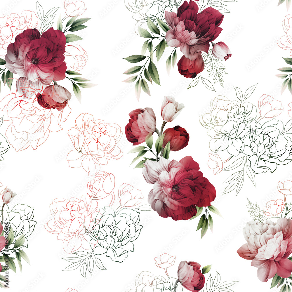 Fototapeta premium Seamless floral pattern with peony flowers on summer background, watercolor illustration. Template design for textiles, interior, clothes, wallpaper