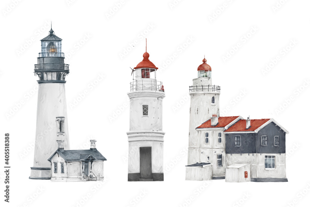 Lighthouses illustrations set  isolated on white background. Illustration for stickers, posters, fabrics, cards, prints.