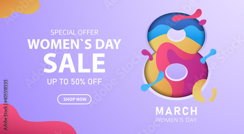 Vector discount banner for March 8 with 3D effect. The carved number 8 in paper from which a lot of multi-colored paints are poured. Can be used in brochures, postcards. Sale background.