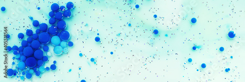 Abstract banner of various blue bubbles, macro composition