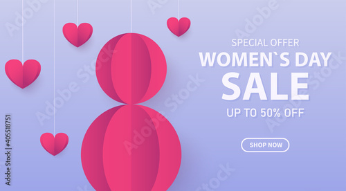 Vector banner discount for March 8. International Women's Day. Number 8 made of paper. Can be used in brochures, advertisements, banners. Sale background. EPS 10.