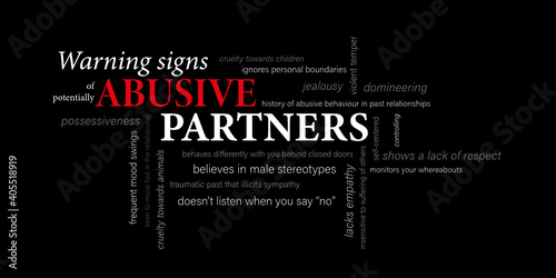 WARNING SIGNS of potentially ABUSIVE PARTNERS vector word cloud