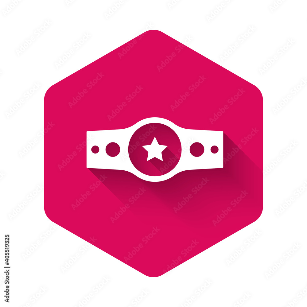 White Boxing belt icon isolated with long shadow background. Belt boxing sport championship winner fight award. Pink hexagon button. Vector. White Boxing belt icon isolated with long shadow background. Belt boxing sport championship winner fight award. Pink hexagon button. Vector.