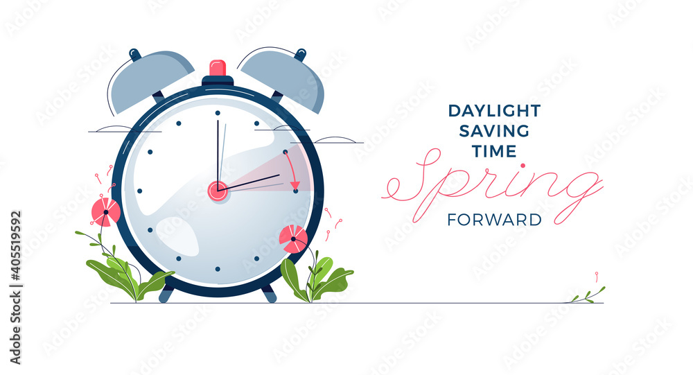 Daylight Saving Time banner. The clocks moves forward one hour. Floral decoration with pink flowers. Spring clock changes concept for web, emailing. Modern flat design, cartoon vector illustration