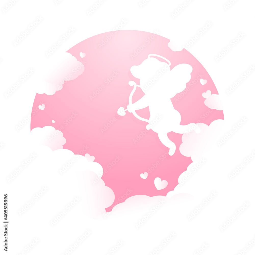 Beautiful vector illustration for valentine's day. Paper cupid, clouds and hearts on a pink background will cling to a pink background. Valentine's Day. Beautiful vector illustration for valentine's day. Paper cupid, clouds and hearts on a pink background will cling to a pink background. Valentine's Day.