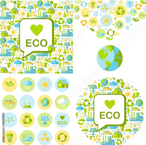 Ecology concept panoramic landscape with green city on earth.
Vector illustration Energy ideas save the world concept green socket. 
Landscape with buildings, trasport and nature ecology elements