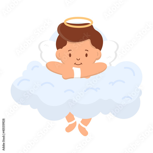 Valentine's Day. A boy Cupid with a halo over his head lies on a cloud. Can be used on postcards, websites, web banners.
