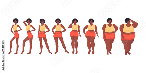 Body mass index. Girls of different shapes. Diet. Obesity. Anorexia. Stock vector illustration. Isolated on a white background. Cartoon design.