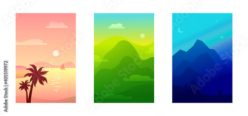 Seaside, verdant hills, mountains, valley, national park gradient landscape. Vector vertical banners, posters, flyers with scenic scenery flat style illustrations. Design templates for game, web, app.