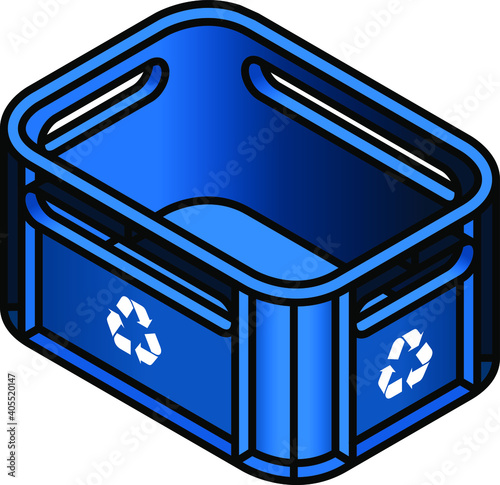 A blue plastic crate with white recycle symbols.