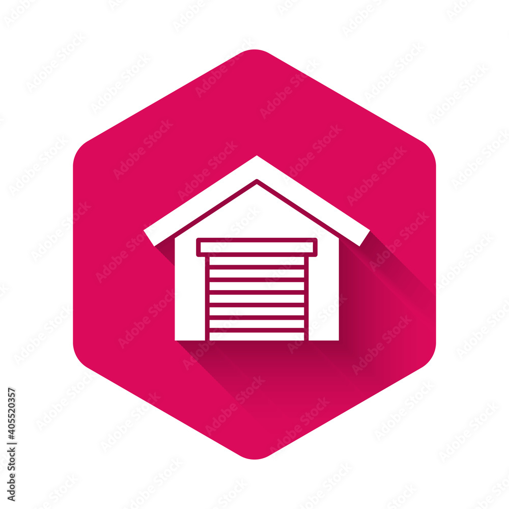 White Garage icon isolated with long shadow background. Pink hexagon button. Vector. White Garage icon isolated with long shadow background. Pink hexagon button. Vector.