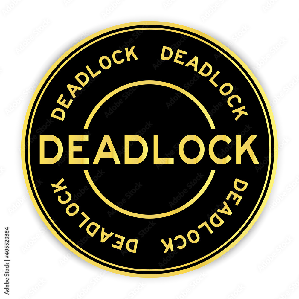 Black and gold color round sticker with word deadlock on white background