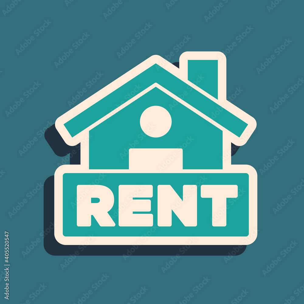 Green Hanging sign with text Rent icon isolated on green background. Signboard with text For Rent. Long shadow style. Vector. Green Hanging sign with text Rent icon isolated on green background. Signboard with text For Rent. Long shadow style. Vector.