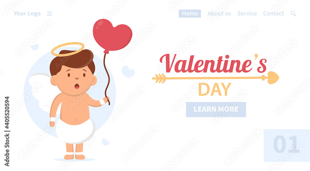 Vector concept of the first page of the site. Valentine's Day. A boy cupid with a halo above his head holds a heart-shaped balloon in his hands and looks bewitched back at the balloon. Vector concept of the first page of the site. Valentine's Day. A boy cupid with a halo above his head holds a heart-shaped balloon in his hands and looks bewitched back at the balloon.