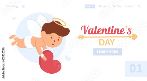 Vector concept of the first page of the site. Valentine's Day. A boy cupid with a halo above his head flies with a huge love heart in his hands, which belongs to the lover.