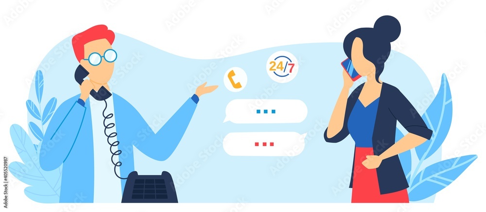 Customer support service, fix maintenance, contact us help desk vector illustration. Phone call technical support. Professional fixing. 24 7 contact center with tech administrator online.