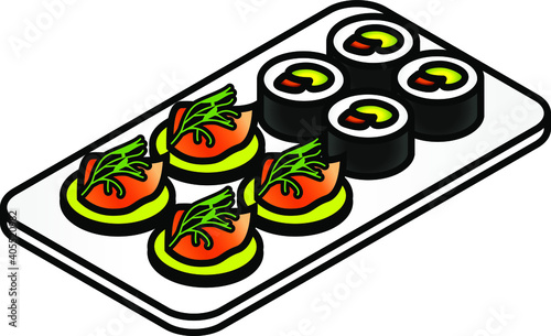 A plate of colorful canapes - salmon on wasabi crackers and dill, California sushi rolls.