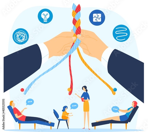 Psychotherapy vector illustration. Therapy for men and women or married couples sitting on chairs or lying on sofa and talking to psychotherapist or psychologist. Group or family psychotherapy.