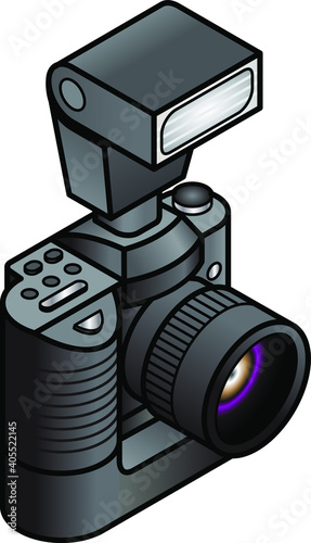 Another iconic digital SLR camera. With an extended battery pack and a flash gun.