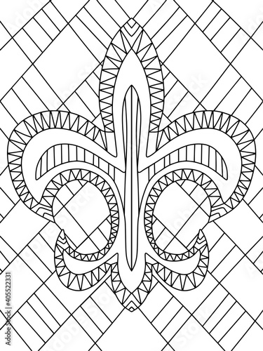 Mardi gras carnival Fleur de lys stock vector illustration. Fat Tuesday festival symbol zen art coloring page for kids and adults. French cultural event lily black and white symmetry coloring page