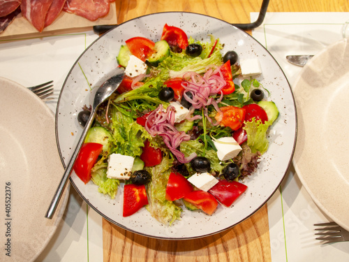 Greek salad appetizer fresh on table