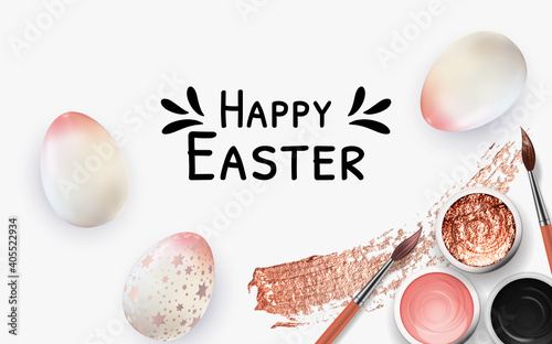 Easter poster template with 3d realistic  Easter eggs.  Template for advertising, poster, flyer, greeting card.  Vector Illustration EPS10