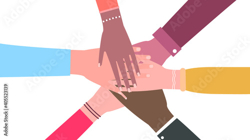 A multiethnic group of men and women joined hands. The concept of cooperation, unity, friendship and mutual assistance. Vector illustration. Flat style
