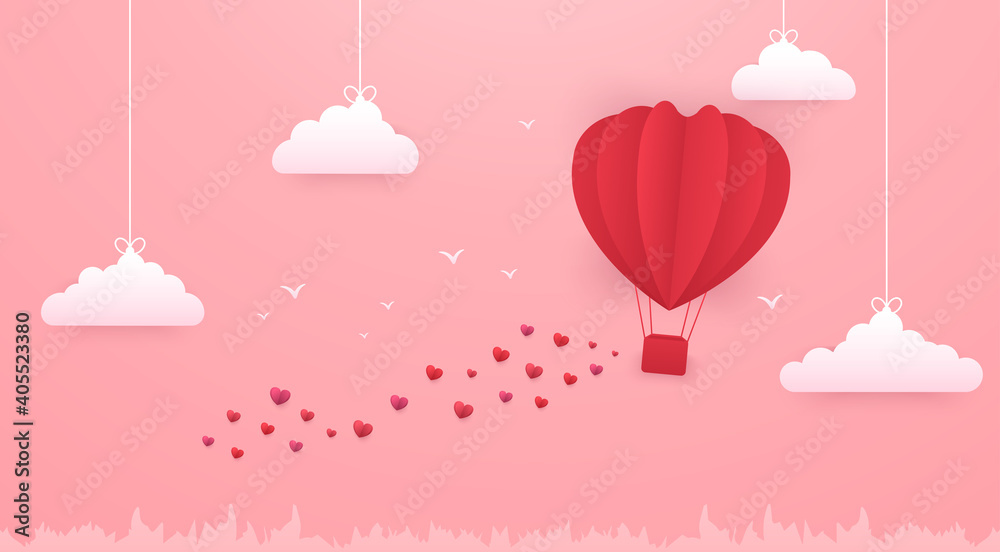 Vector concept of a banner for valentine's day with a balloon that floats in the clouds and throws colorful hearts on the ground. Wallpaper, flyers, invitations, posters, brochures, banners.