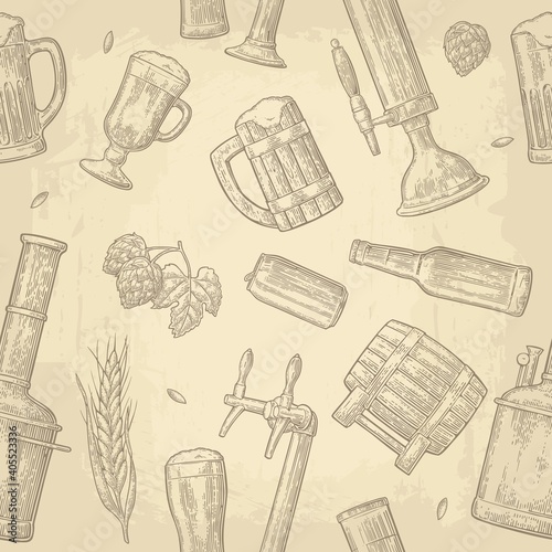 Seamless pattern beer tap, glass, can, bottle and hop.