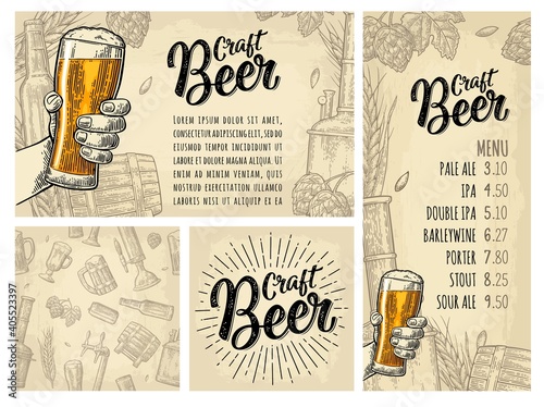 Seamless pattern beer tap, class, can, bottle and hop.