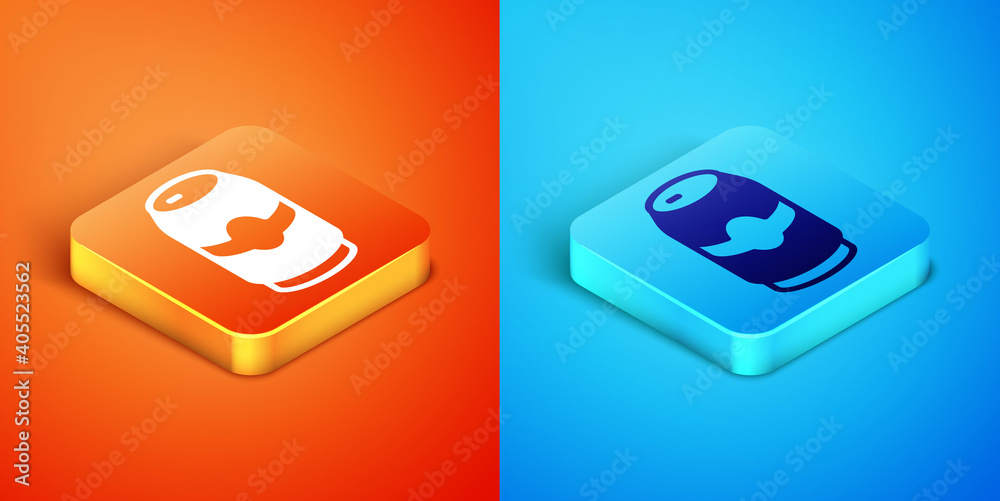 Isometric Beer can icon isolated on orange and blue background. Vector. Isometric Beer can icon isolated on orange and blue background. Vector.