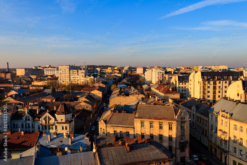 View of Lviv city from bell tower of Church of Sts. Olha and Elizabeth. Lvov cityscape, Ukraine
