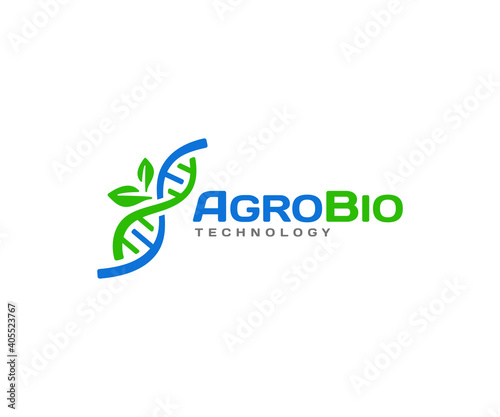 Agricultural biotechnology logo design. Biology genetics vector design. DNA helix and leaves logotype