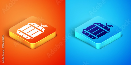 Isometric Wooden barrel on rack with stopcock icon isolated on orange and blue background. Vector.