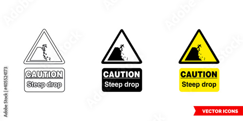 Caution steep drop hazard sign icon of 3 types color, black and white, outline. Isolated vector sign symbol.