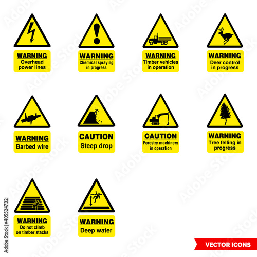 Forestry hazard signs icon set of color types. Isolated vector sign symbols. Icon pack.