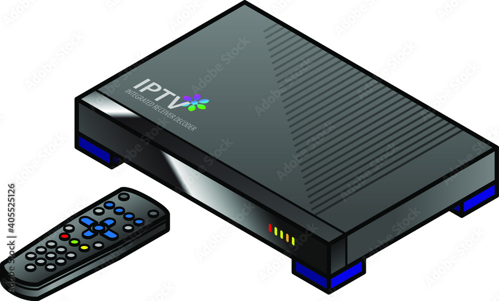 An IP TV set top box or integrated receiver decoder, with a remote control. Horizontal version. An IP TV set top box or integrated receiver decoder, with a remote control. Horizontal version.