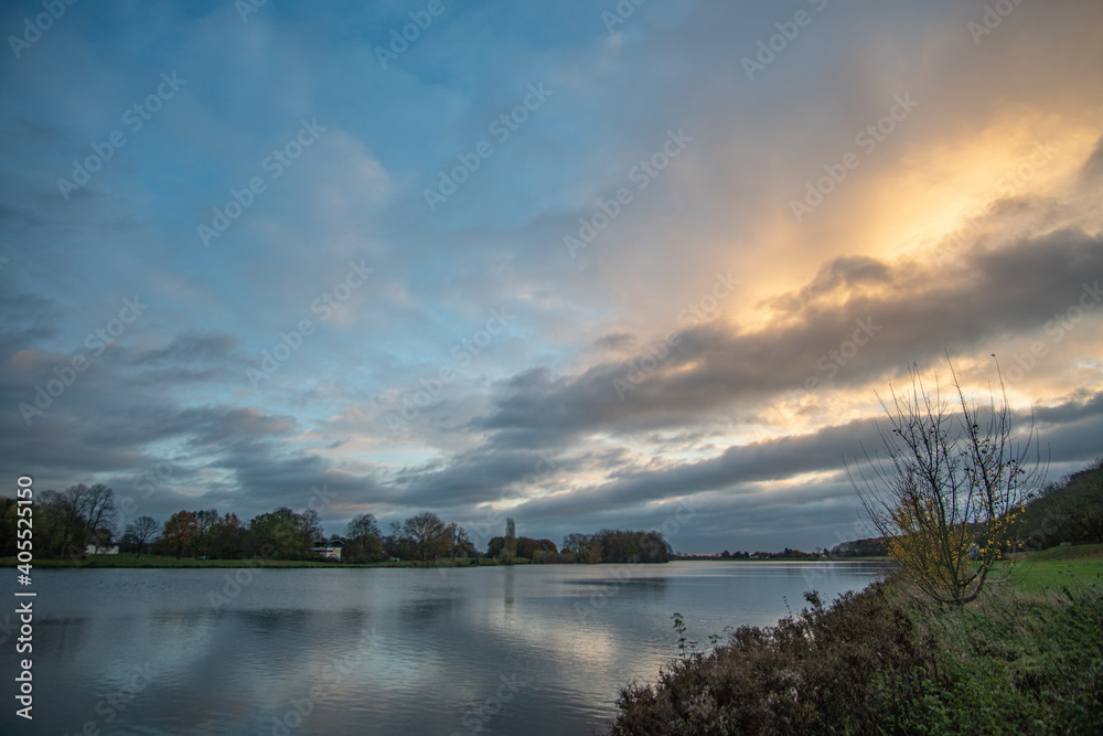 beautiful Werdersee, a river in bremen, in the morning dawn with amazing sky