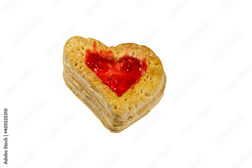 Heart shaped puff cookies with jam isolated on white background. Dessert on Valentine`s Day Heart shaped puff cookies with jam isolated on white background. Dessert on Valentine`s Day