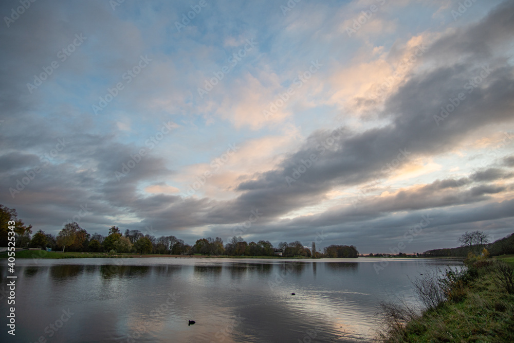 beautiful Werdersee, a river in bremen, in the morning dawn with amazing sky