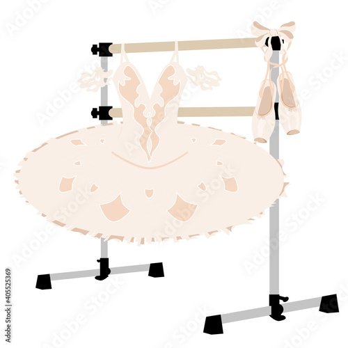 Ballet barre, tutu dress, pointe shoes, studio equipment ballerina room, vector illustration, wood amd metal