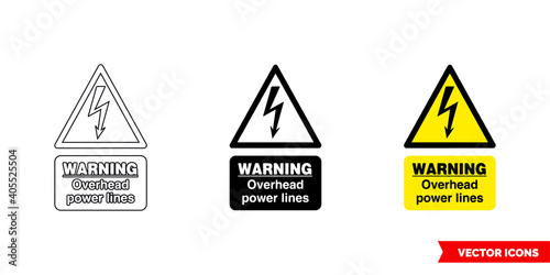 Warning overhead power lines hazard sign icon of 3 types color, black and white, outline. Isolated vector sign symbol.