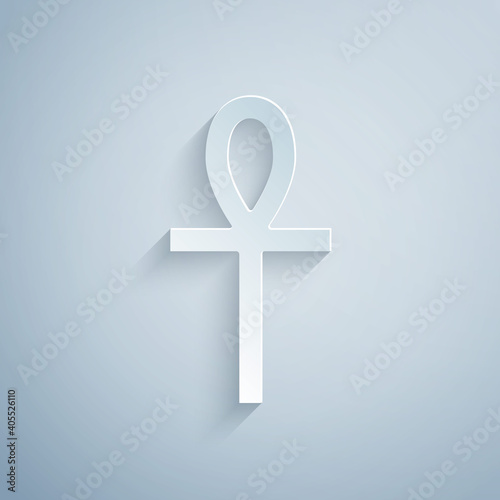 Paper cut Cross ankh icon isolated on grey background. Paper art style. Vector.