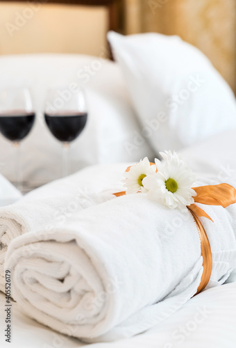 Fototapeta Naklejka Na Ścianę i Meble -  White towel in luxury boutique hotel