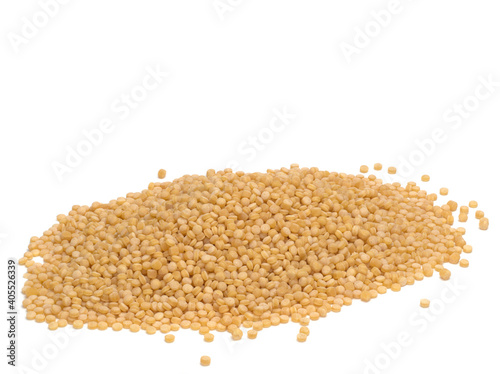 Raw Dry Organic Couscous on white background, Israeli couscous, ptitim