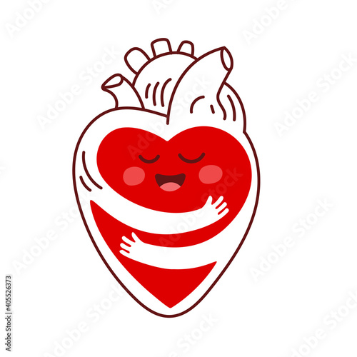 Vector cartoon human internal organ, anatomic heart with arms hugging self, self care and love yourself
